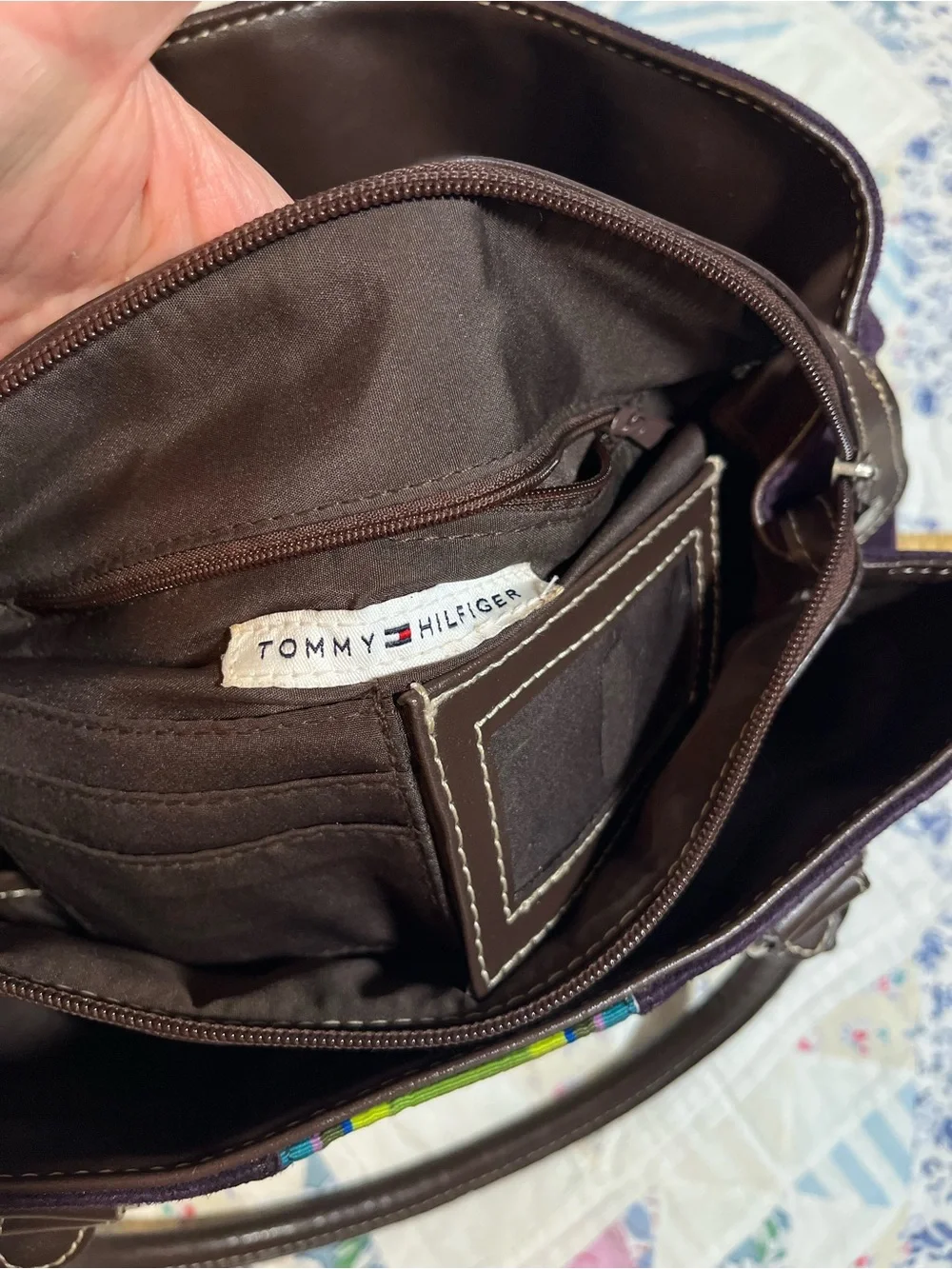 Y2K 2010s Tommy Hilfiger Purple Sueded Satchel Green Stripe and Brown Handles